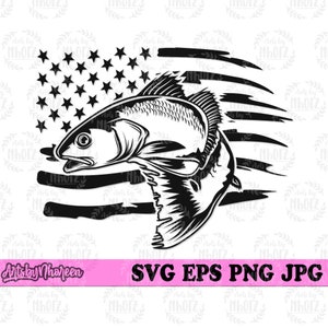May include: Black and white silhouette of a fish jumping out of the water, with an American flag background. The fish is facing the right side of the image. The flag is a distressed design with a white star field and red and white stripes.