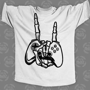 May include: Black and white illustration of a skeleton hand holding a video game controller with the index fingers raised in a rock and roll hand gesture. The controller has the letters X, Y, A, and B on it.