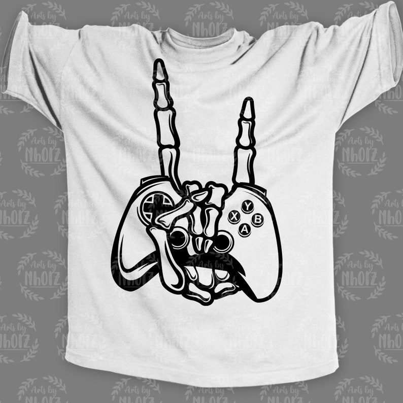 May include: Black and white illustration of a skeleton hand holding a video game controller with the index fingers raised in a rock and roll hand gesture. The controller has the letters X, Y, A, and B on it.