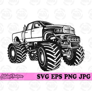 May include: Black and white silhouette of a monster truck with large tyres. The truck has a pickup truck body and a large front grille.