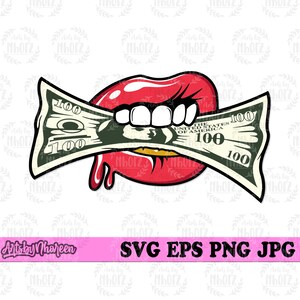 Lippen Biss Geld svg | Rich Kid svg | Sexy Rote Lippen Clipart | Cooles Shirt png | Hipster US Dollar Bill dxf | Papiergeld Cutfile | Heiße Lippies