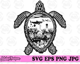 Turtle Scene svg, Marine Life Cut File, Under the Ocean Stencil, Tropical Cutfile, Beach T-shirt Design png, Island Vibes dxf, Salt Life svg