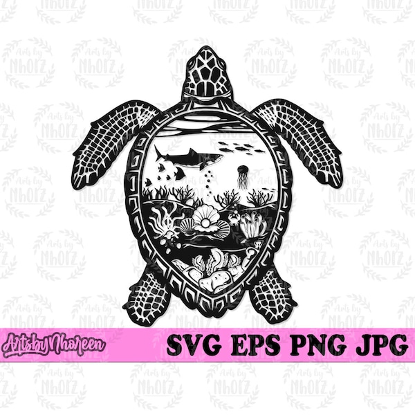 Turtle Scene svg, Marine Life Cut File, Under the Ocean Stencil, Tropical Cutfile, Beach T-shirt Design png, Island Vibes dxf, Salt Life svg