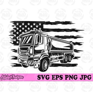 Puede incluir: Ilustración en blanco y negro de un camión cisterna con un diseño de la bandera estadounidense en el fondo. La imagen incluye el texto "SVG EPS PNG JPG" y el nombre del artista.