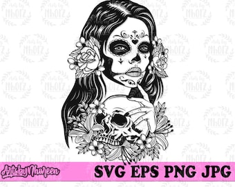 Sugar Skull svg, Floral Catrina Cut File, Lady Dead Stencil, La Muerta Clipart, Candy Skull Cutfile, Day of Dead T-shirt Design png, Gothic