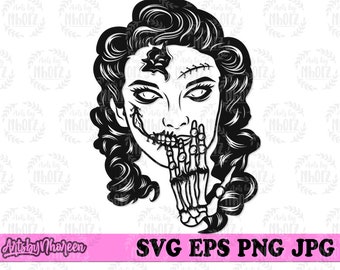Chica zombi SVG, diseño de camiseta de Halloween embrujado de terror, plantilla personalizada, archivo DXF espeluznante de Boo aterrador, archivo de corte de calavera de azúcar, clipart de Catrina, muerto