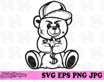 Cute Little Gangster Boy svg, Hooligan Teddy Clipart, Bad Bear Stencil, Teddy with Cap and Money Bag Cut File, Cute Boy’s T-shirt Design png