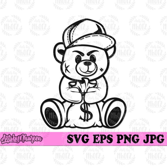 Cute Little Gangster Boy svg, Hooligan Teddy Clipart, Bad Bear Stencil, Teddy with Cap and Money Bag Cut File, Cute Boy’s T-shirt Design png