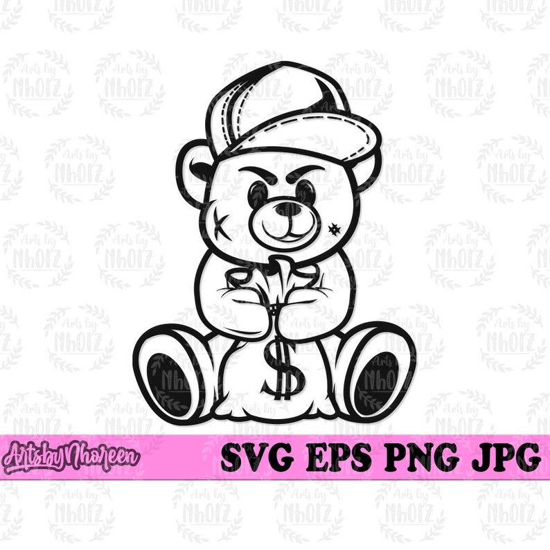 May include: A black and white illustration of a teddy bear wearing a baseball cap and holding a bag of money. The bear has a mischievous expression on its face.
