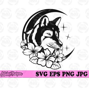 May include: Black and white silhouette of a wolf's head with a crescent moon behind it. The wolf is surrounded by flowers.
