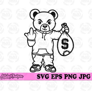 Teddy Gangster with Money Bag svg, Hipster Teddy Clipart, Mafia Bandit Bear Clipart, Rich Kid Shirt png, Hooligan Cut File, US Dollar Sign