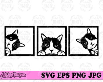 May include: Three black and white cat illustrations peeking out of square frames. Each cat has a different expression and pose.