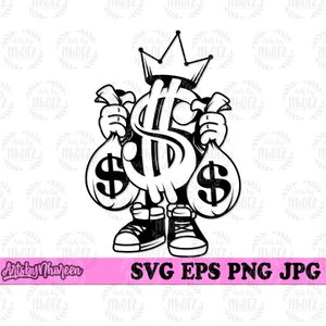 Money King svg, US Dollar Sign Clipart, Money Bag Cut File, Rich Hipster Stencil, Cool Kids Gangster dxf, Dollar Bill Mascot T-shirt Design
