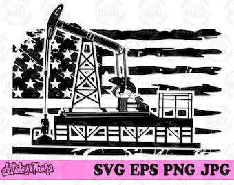 May include: Black and white silhouette of an oil rig in front of a distressed American flag. The oil rig is a tall structure with a derrick and a pump jack. The flag is a stylized representation of the American flag with a distressed, worn look.