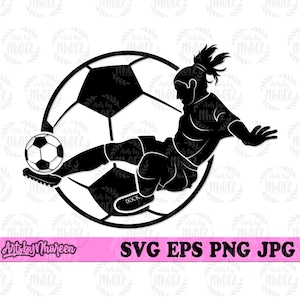 May include: Black and white silhouette of a soccer player kicking a soccer ball. The player is positioned in mid-air, with one leg extended and the other bent. The player's arms are outstretched, and the ball is in the air. The player is surrounded by a large soccer ball.