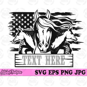 May include: Black and white silhouette of three horses running in front of an American flag with the text "TEXT HERE" on a wooden sign.