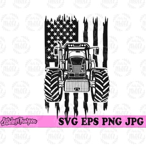 Może przedstawiać: Czarno-biała sylwetka traktora z dużymi kołami przed zniszczoną flagą amerykańską.