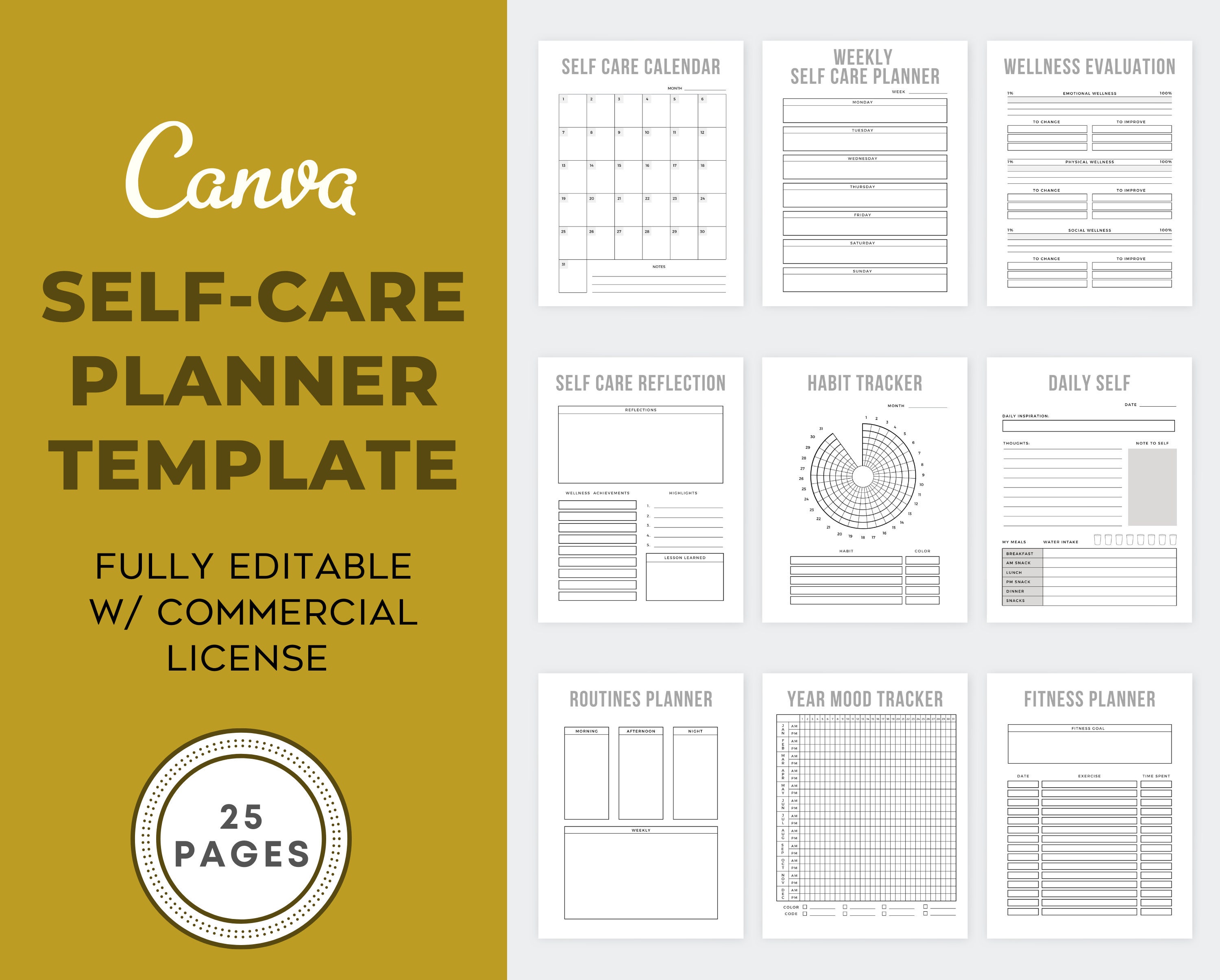 Editable Selfcare Planner Template Canva Wellness Planner Etsy
