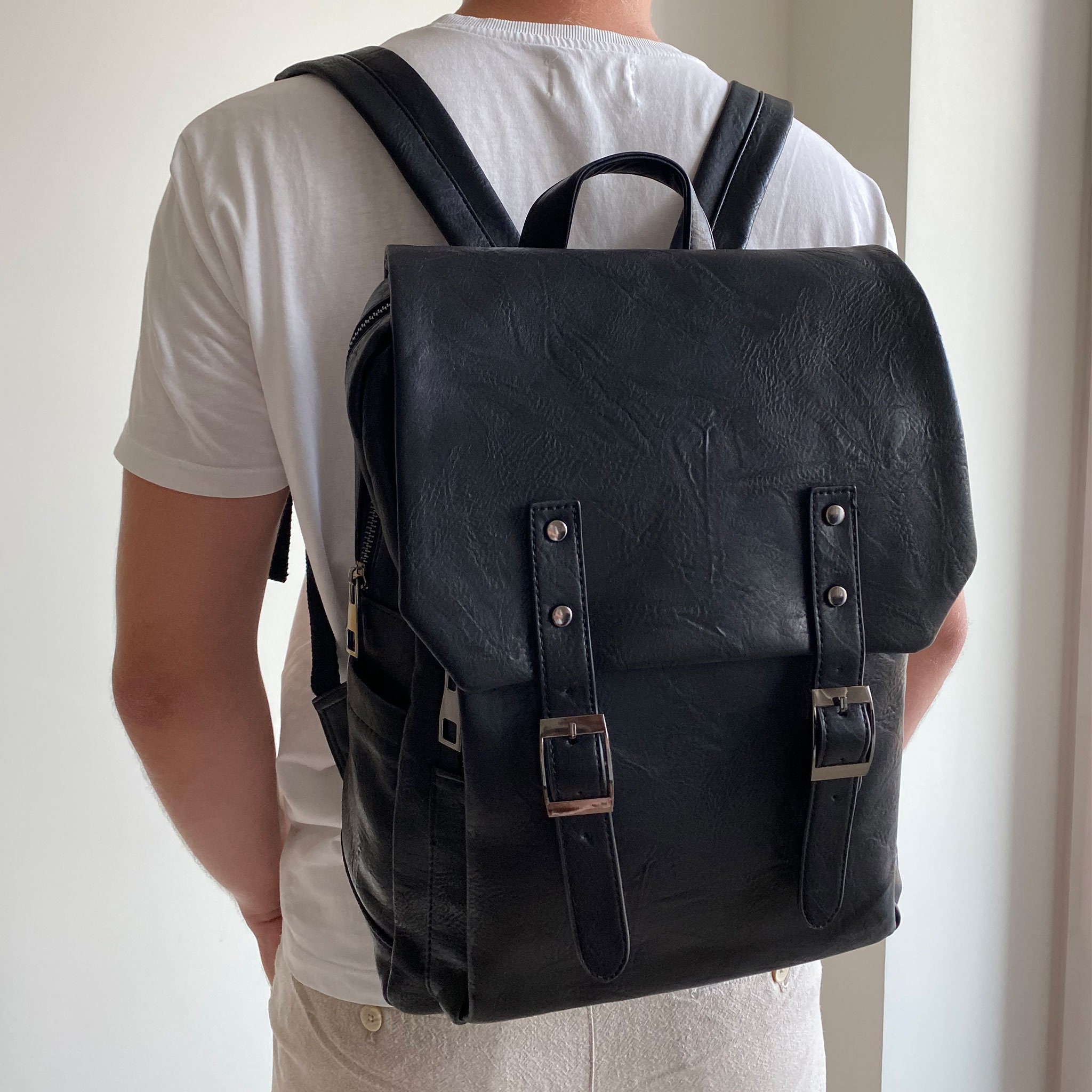 Vegan Leather Backpack Vintage Laptop Bookbag for Unisex Etsy