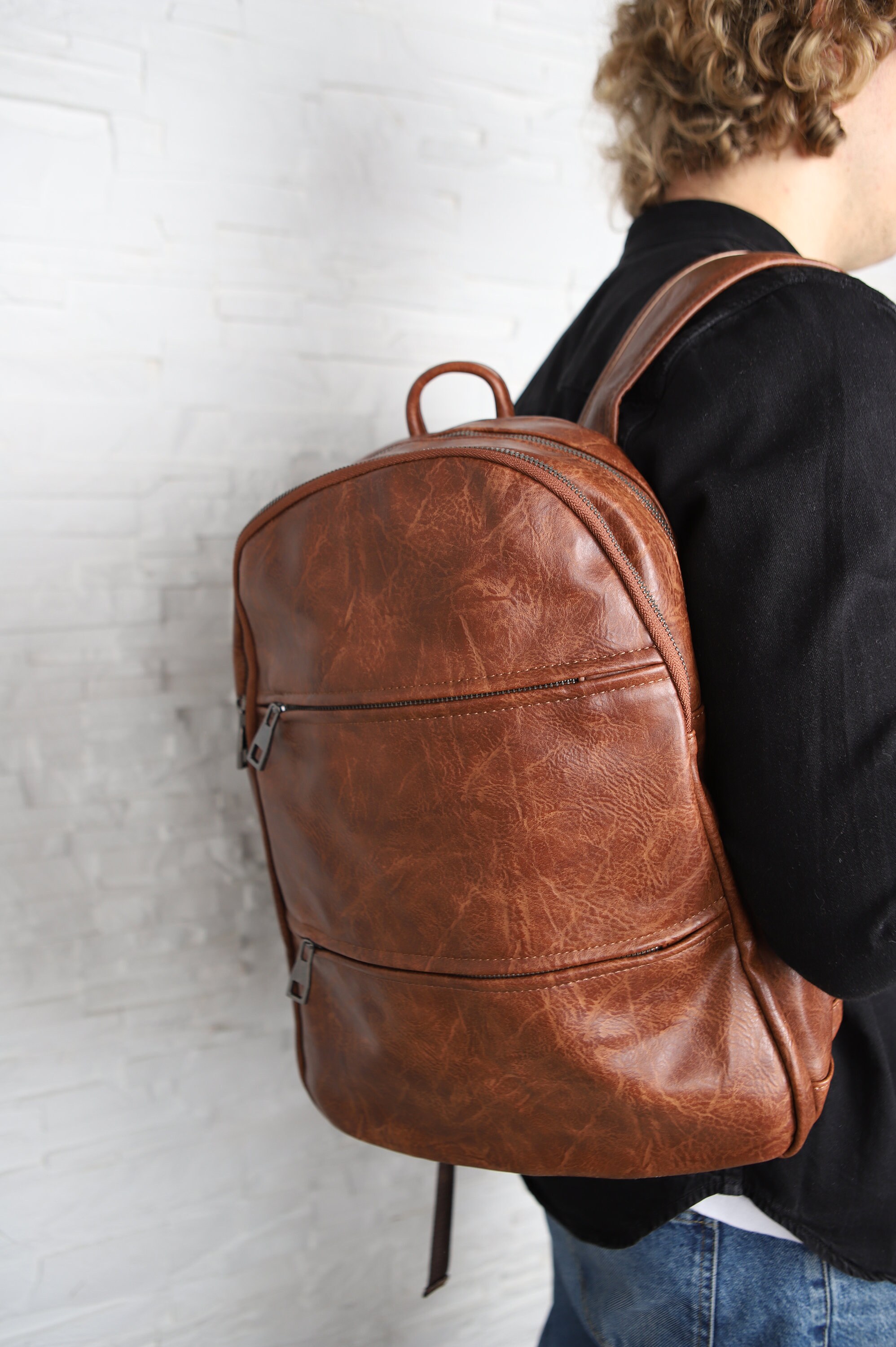 Vegan Leather Backpack Vintage Laptop Bookbag for Unisex Etsy