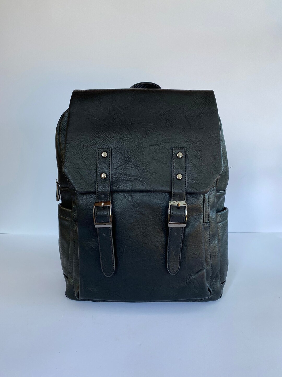 Vegan Leather Backpack, Vintage Laptop Bookbag for Unisex, Black Vegan