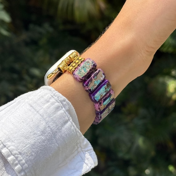 Purple Beaded Apple Watch Band for Women, Boho Stretch  display picture 1