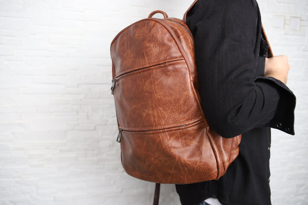 Vegan Leather Backpack Vintage Laptop Bookbag for Unisex Etsy