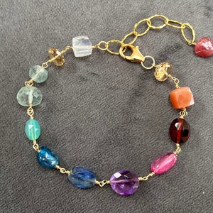 Multi Gemstone Rainbow 14K Gold Filled Hand Wire-Wrapped Adjustable Bracelet