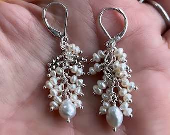 Freshwater Pearl Hand Wire Wrapped Sterling Silver Cluster Earrings