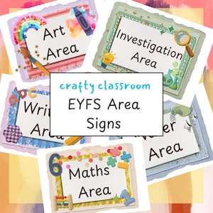 May include: A collection of rectangular classroom signs featuring white backgrounds with black text and colorful borders. The signs include labels such as Art Area, Investigation Area, Writing Area, and Maths Area, decorated with icons like crayons, magnifying glasses, abacuses, and letters.
