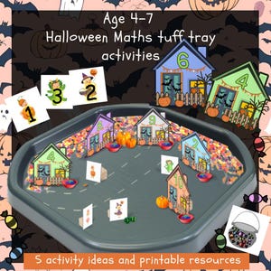 May include: A gray plastic tuff tray filled with colorful confetti and Halloween-themed houses with numbers on them. There are also small cards with numbers and Halloween characters on them. The text "Age 4-7 Halloween Maths tuff tray activities 6" is at the top of the image.