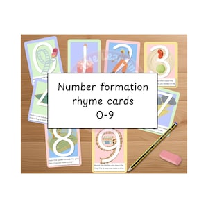 May include: A set of educational number formation rhyme cards numbered 0-9, featuring colorful illustrations and instructional text for each digit. A yellow pencil and a pink eraser are placed alongside the cards on a wooden surface.