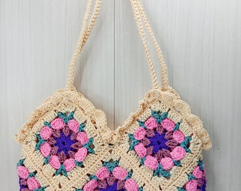 Handmade Cute Crochet Flowery Granny Square Mini Shoulder Bag Small Pink Cream Beige Mix Color Women Lined Magnet Button Purse