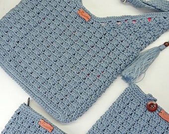 Grey Crochet Hobo Bag Set With Coin Purse,Cell Phone Sleeve,Crochet Shoulder Purse For Women,Zippered Crochet Purse