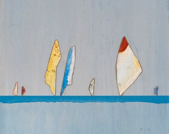 Original Sailboat Mixed Media Painting | Small Minimalist Artwork on Wood Panel | 12 x 12 | Texture Collage