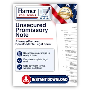 Peut inclure: Un document numérique intitulé Harner Legal Forms Unsecured Promissory Note avec une icône de stylo plume, un sceau de garantie satisfait ou remboursé de 30 jours et un drapeau américain en arrière-plan, incluant des champs pour les emprunteurs.