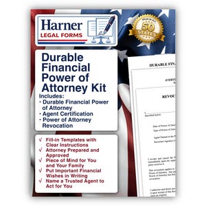 Puede incluir: Un kit de formularios legales "Durable Financial Power of Attorney Kit" de Harner Legal Forms. El kit incluye plantillas, certificación de agente y formularios de revocación. El diseño presenta un fondo de la bandera estadounidense y un sello "Válido en los 50 estados".