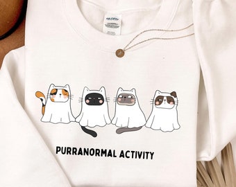 Camiseta de gato fantasma, moletom de gato de Halloween, moletom de gato preto, moletom fantasma de Halloween, moletom de gato fofo, moletons de Halloween