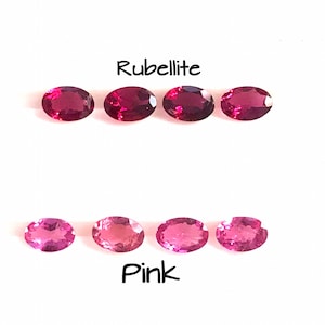 K&ouml;nnte beinhalten: Zwei Reihen ovaler Edelsteine. Die obere Reihe ist mit "Rubellite" beschriftet und zeigt vier tiefrosa Edelsteine. Die untere Reihe ist mit "Pink" beschriftet und zeigt vier hellrosa Edelsteine.