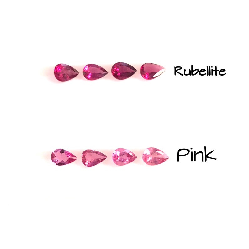 May include: Two rows of pear-shaped gemstones. The top row is labelled "Rubellite" and features five deep pink gemstones. The bottom row is labelled "Pink" and features five lighter pink gemstones.