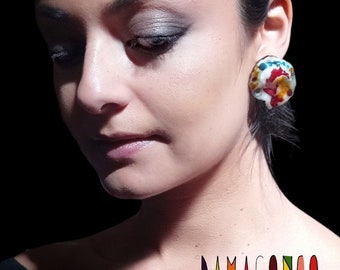 Earrings, Button Earrings, Multicolor, Sustainable Jewelry, Recycled, Plastic Jewelry, Handmade, Signature Jewelry Painted Earrings