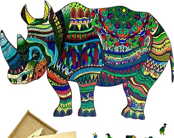 Wooden Jigsaw Puzzle in the UK - XL 259 Piece (38x22cm) – Rhino Wooden Jigsaw for Adults Presented in Wooden Gift Box by The Puzzled Tree