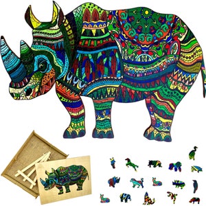 Wooden Jigsaw Puzzle in the UK - XL 259 Piece (38x22cm) – Rhino Wooden Jigsaw for Adults Presented in Wooden Gift Box by The Puzzled Tree