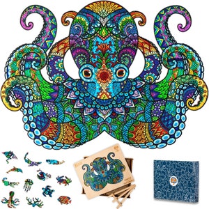 May include: A colorful wooden jigsaw puzzle of an octopus with intricate patterns. The puzzle is made up of 1000 pieces and comes in a wooden box with a lid. The box also includes a set of wooden puzzle pieces.