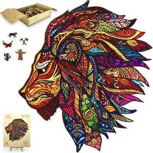 Wooden Jigsaw Puzzle XL 300 Piece (15&quot;x15&quot;) – Lion Wood Jigsaw Puzzle for Adults Presented in Wooden Gift Box by The Puzzled Tree