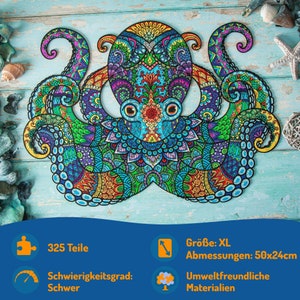 May include: A colorful wooden jigsaw puzzle of an octopus with intricate mandala designs. The puzzle has 325 pieces and is labeled as "Difficult". The puzzle is made from environmentally friendly materials and measures 50x24cm.