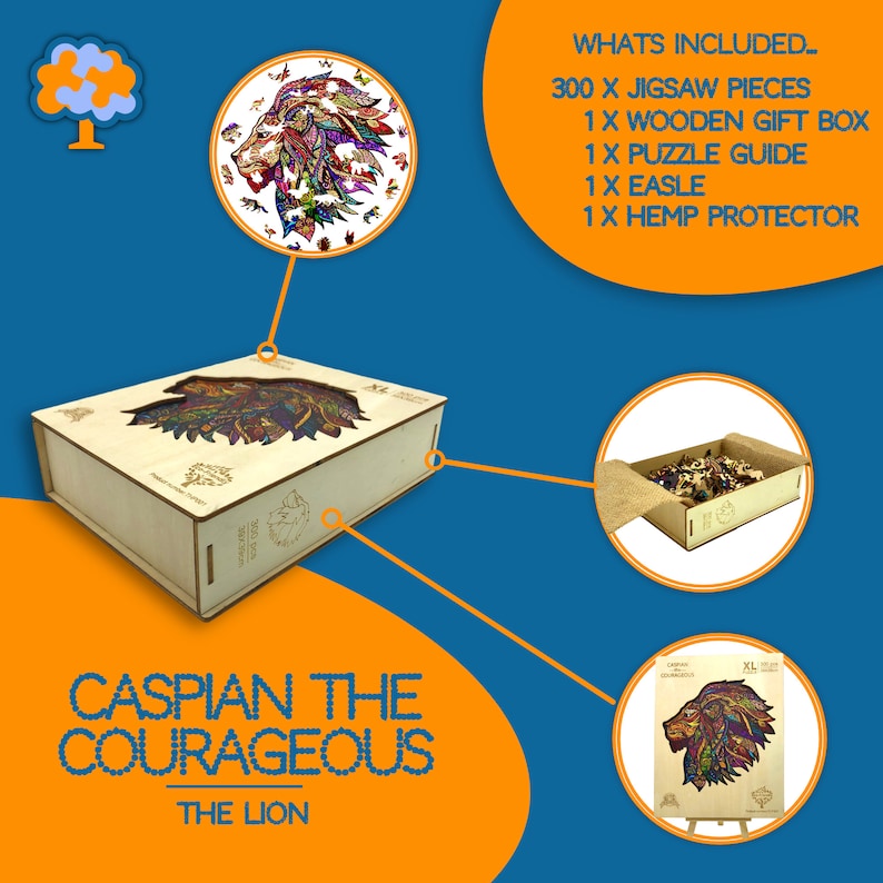 May include: A wooden jigsaw puzzle set featuring a colorful lion design. The set includes 300 pieces, a wooden gift box, puzzle guide, easel, and hemp protector. The box is labeled "Caspian the Courageous, The Lion."