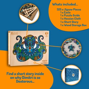 May include: A wooden box with a colorful octopus illustration on the front. The box contains a 325-piece jigsaw puzzle, an easel, a puzzle guide, a hessian cloth, a short story, and a wooden storage box. The text "Dimitri Dexterous" is printed on the box.