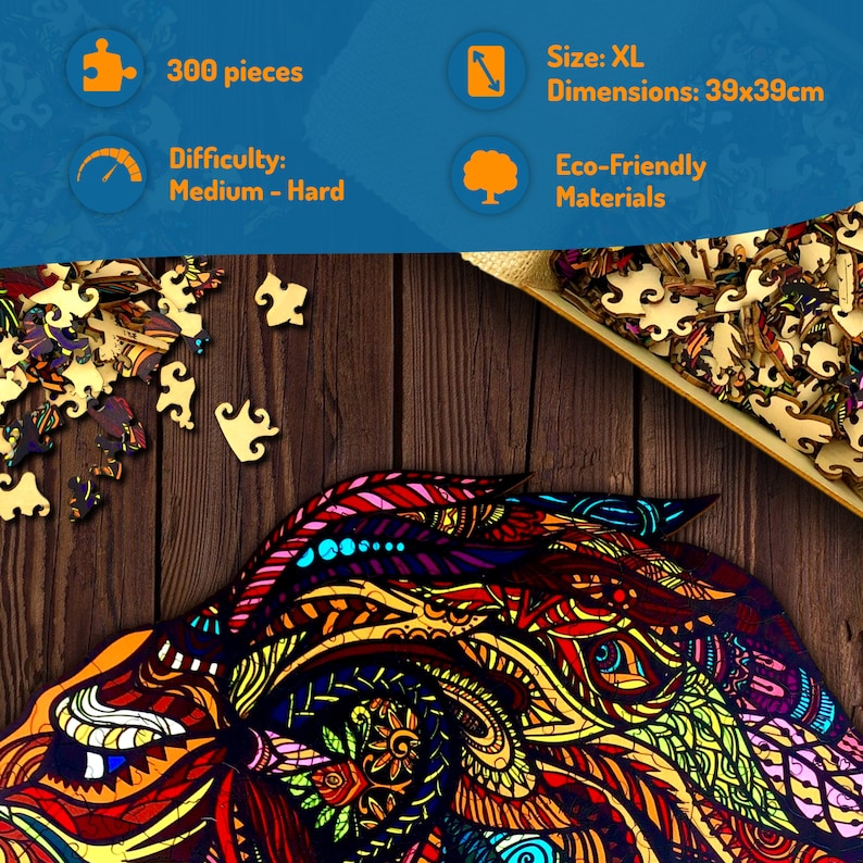 May include: A wooden jigsaw puzzle with 300 pieces, featuring a colorful, intricate design. The puzzle is XL size, with dimensions of 15.35 x 15.35 inches. The difficulty level is medium to hard, and the materials are eco-friendly.