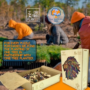 May include: Wooden jigsaw puzzle featuring a colorful lion design, with the text "Caspian Courageous" and "XL 300 pcs 39x39cm". The puzzle is in an open box, with the text "For every puzzle purchased we fund the planting of one tree in partnership with 'One Tree Planted'."